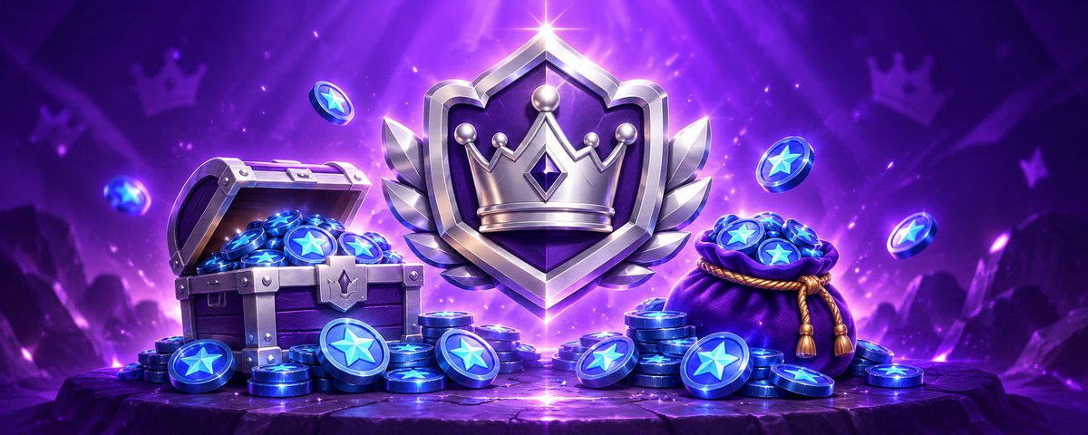 A silver crown emblem above a treasure chest and stacks of star coins