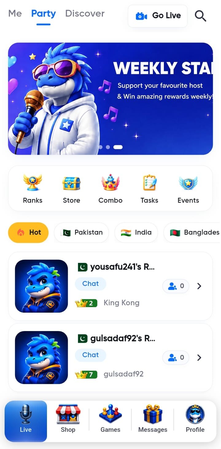 Live rooms and party list